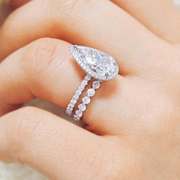 2 42ct Pear Cut Diamond Halo Engagement Ring Bridal Band Set 925