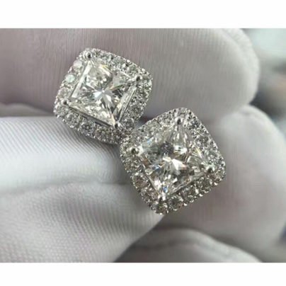 Halo Style Stud Earrings 4 Ct Princess Cut Diamond