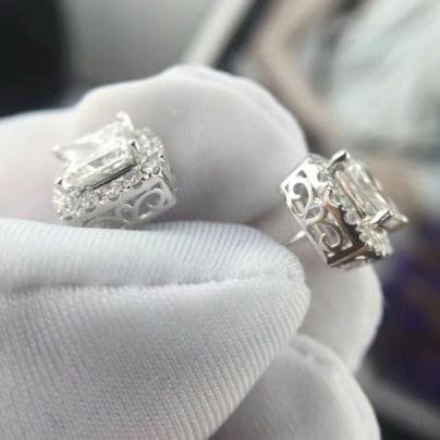 Halo Style Stud Earrings 4 Ct Princess Cut Diamond