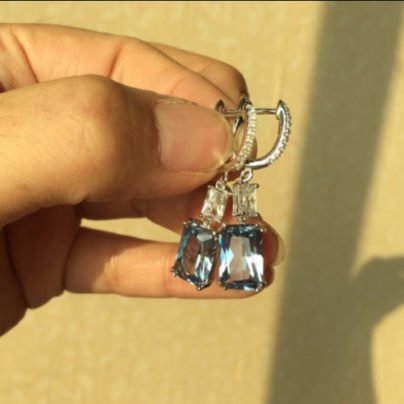 Aquamarine Dangle & Drop Earrings with 14K Gold Finish in hand pic