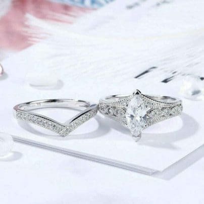 2.75 Ct Marquise Diamond 14k White Gold Over Vintage Curved Wedding Bridal Ring Set SJ8033