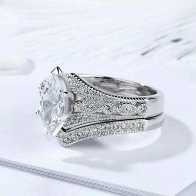 2.75 Ct Marquise Diamond 14k White Gold Over Vintage Curved Wedding Bridal Ring Set SJ8033