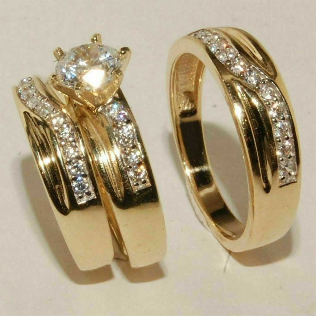 Trio His Her Bridal Engagement Ring Set Diamond Cut Wedding 14K Yellow Gold Over 