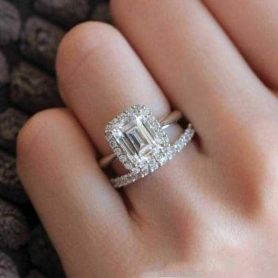 2.00Ct Emerald Diamond 14k White Gold Fn Halo Engagement Wedding Bridal Ring Set SJ8051