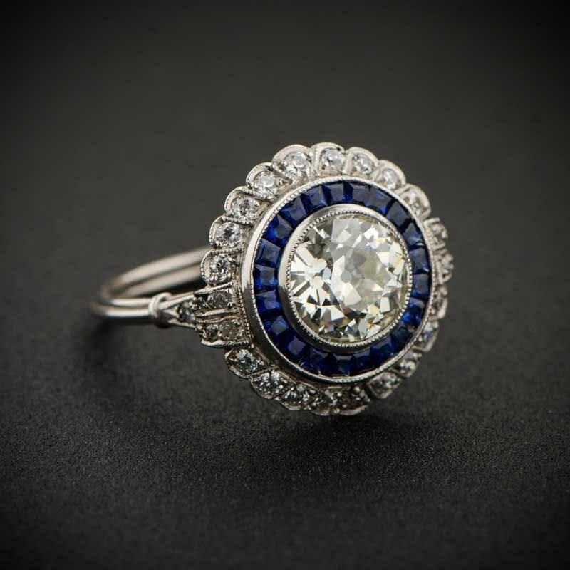 2 Ct Art Deco Engagement Ring Vintage CZ Round Cut & Sapphire Sterling Silver 