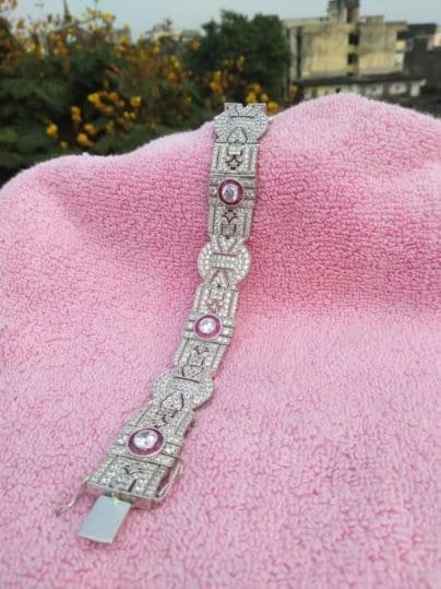 Antique Vintage Style White Diamond & Ruby Halo Bracelet in Sterling Silver For Women's Art deco Bracelet SJ8128