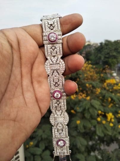 Antique Vintage Style White Diamond & Ruby Halo Bracelet in Sterling Silver For Women's Art deco Bracelet SJ8128