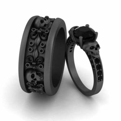 Fleur Skull Couple Rings Matching Skull and Flower Wedding Set for her, French Style Skull ring