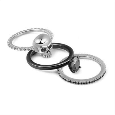 Black Skull Ring Stack able Eye-Catching Trios Set In 925 Sterling Silver SJ8170
