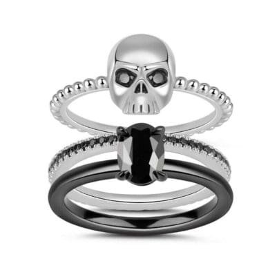 Black Skull Ring Stack able Eye-Catching Trios Set In 925 Sterling Silver SJ8170
