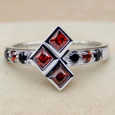 Ruby Red & Black Diamond Harley Quinn fan Cocktail Engagement Ring Comic Book Wedding SJ8185