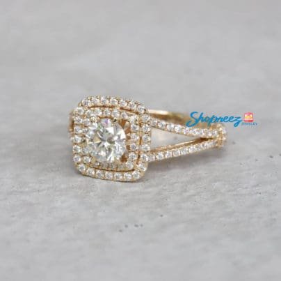 Double Halo Moissnaite Engagement Ring, Moissanite Ring, Halo 14k Yellow Gold Ring, Art Deco Split Shanks Wedding Ring, Cyber Sale SJ8292