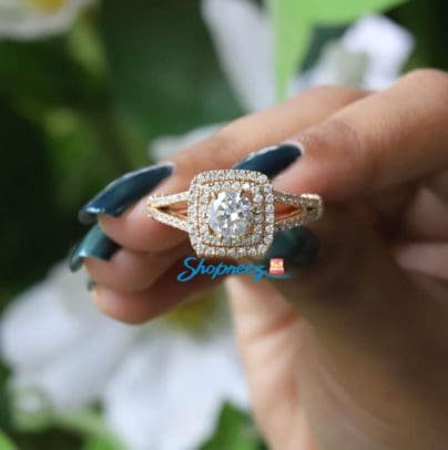 Double Halo Moissnaite Engagement Ring, Moissanite Ring, Halo 14k Yellow Gold Ring, Art Deco Split Shanks Wedding Ring, Cyber Sale SJ8292