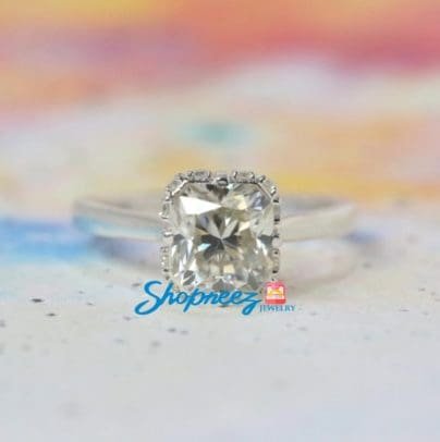 Round Moissanite Engagement Ring, Radiant Moissanite Hidden Halo Ring, 2.00 CT Off White Moissanite White Gold Ring, Gift For Her SJ8296