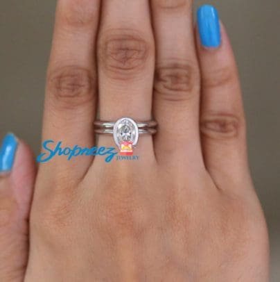 1.30 CT Near Colorless Oval Moissanite Ring / Bezel Set Bridal Ring Set / White Gold Wedding Ring Sets For Her / Oval Diamond Wedding Set SJ8298