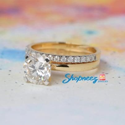 Yellow Gold Bridal Ring Set / 1.50 CT Colorless Round Moissanite /Womens Wedding Ring Sets /Solitaire Ring With Half Eternity Band SJ8299