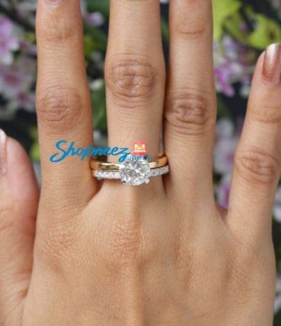 Yellow Gold Bridal Ring Set / 1.50 CT Colorless Round Moissanite /Womens Wedding Ring Sets /Solitaire Ring With Half Eternity Band SJ8299