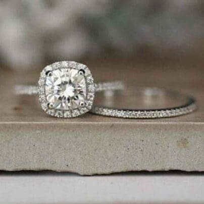 2.20 Ct Round Cut Moissanite Halo Engagement Wedding Ring Set 14k White Gold