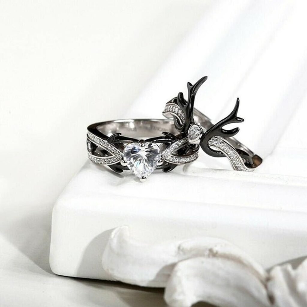 Beautiful Deer Antler Wedding Engagement Ring Set In Sterling Silver