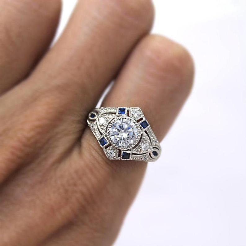 Buy Art Deco Ring, 1.50 Carat Round Cut Diamond & Sapphire Engagement ...