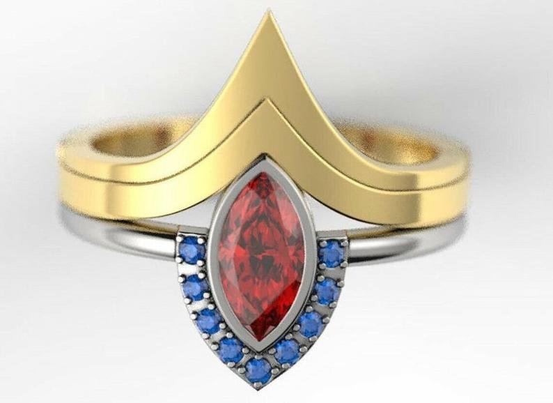 2pcs/Set Latest Geek Love Quality Bride Ring Set,925 Sterling Silver 14K Gold Ruby Sapphire V-shaped Geek Wonderous Woman Ring Set SJ2210