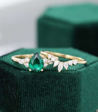 Antique Diamond & Emerald Bridal Ring Set 14k White Gold 2.51ct - U3105