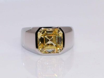 Light Canary Yellow AsscherCut Diamond Mens Ring Pinkie &Square Signet 925Silver 