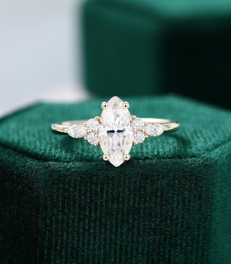 Marquise cut Moissanite engagement ring vintage yellow gold Unique Cluster engagement ring women diamond wedding Bridal Anniversary gift SJ2685