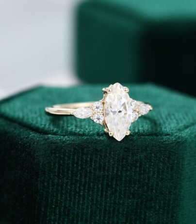 Marquise cut Moissanite engagement ring vintage yellow gold Unique Cluster engagement ring women diamond wedding Bridal Anniversary gift SJ2685