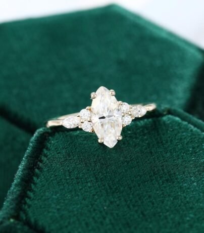 Marquise cut Moissanite engagement ring vintage yellow gold Unique Cluster engagement ring women diamond wedding Bridal Anniversary gift SJ2685