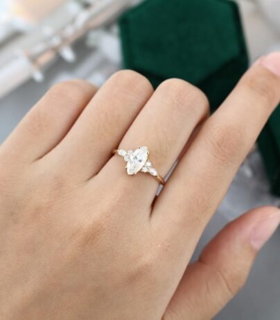 Marquise cut Moissanite engagement ring vintage yellow gold Unique Cluster engagement ring women diamond wedding Bridal Anniversary gift SJ2685