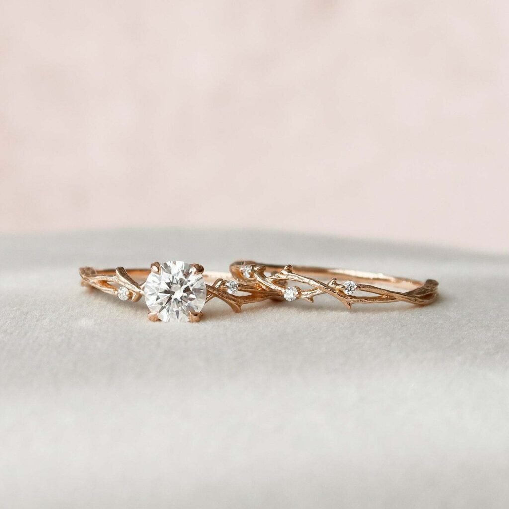 1 CT Dainty Twig Engagement Ring Set Moissanite Gold Wedding 