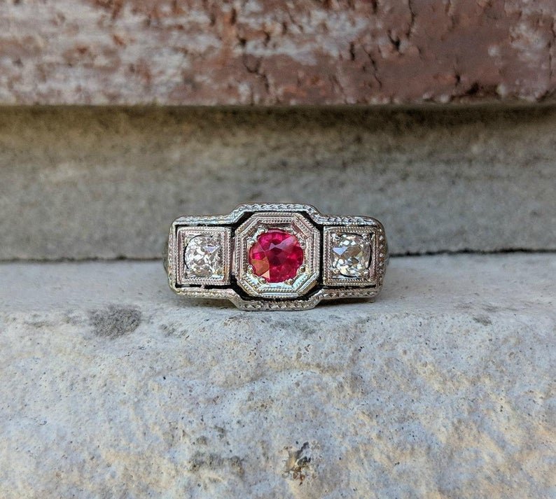 Antique Art Deco Ring, Vintage Style Ring, Ruby Diamonds Ring, Engagement / Wedding Ring, Solid 925 Sterling Silver Ring, Women's Ring SJ2819