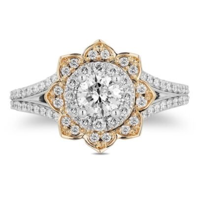 Enchanted Disney Fine Jewry 0.5 Ct Round Diamond Jasmine Engagement Ring In Sterling Silver With Yellow Gold Finish Sunflower Ring Antique SJ2830