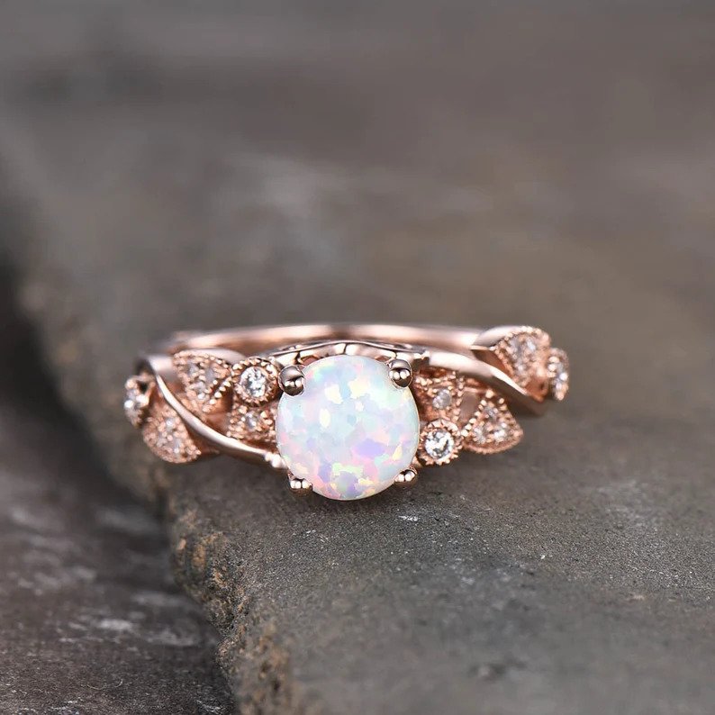 Vintage Opal Ring October Birthstone Ring Rose Gold Opal Engagement Ring Art Deco Women Wedding Ring White Fire Opal Ring Promise Ring SJ10001