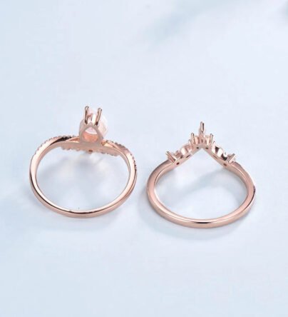 Rose Gold Opal Wedding Ring Set, Unique Vintage Bridal Set, Pear Cut White Opal Engagement Ring, Bridal Set, Anniversary Gift SJ8997