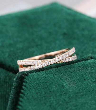 Unique Rose gold wedding band women Cross moissanite wedding band vintage Bridal Half eternity Stacking Matching Bridal promise gift for her SJ10102