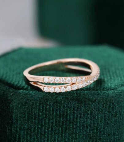 Unique Rose gold wedding band women Cross moissanite wedding band vintage Bridal Half eternity Stacking Matching Bridal promise gift for her SJ10102