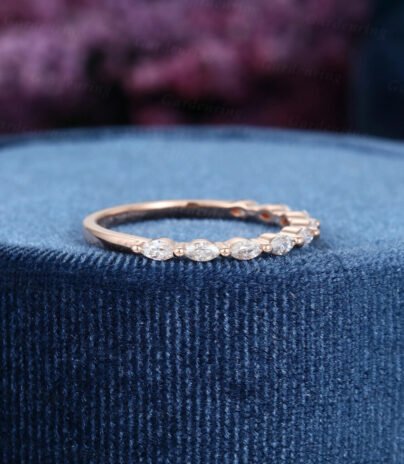 Rose gold Wedding band women half eternity marquise cut Moissanite wedding band vintage Unique dainty stacking matching Bridal Promise gift SJ10103