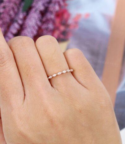 Rose gold Wedding band women half eternity marquise cut Moissanite wedding band vintage Unique dainty stacking matching Bridal Promise gift SJ10103